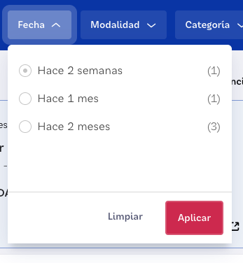 OCC Mundial date filter popover with three radio options and Limpiar/Aplicar buttons